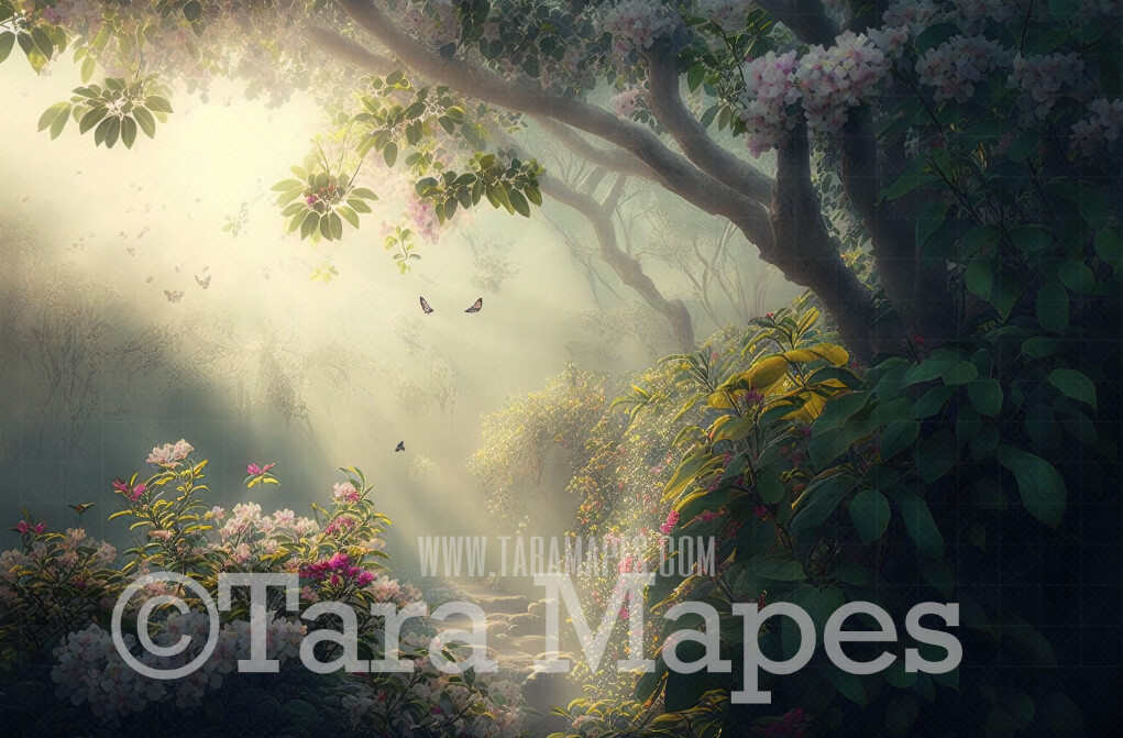Garden of Eden Digital Backdrop  - Hazy Garden with Sunlight - Fantasy Garden Digital Background JPG