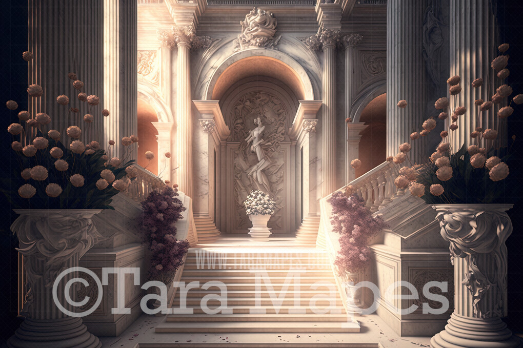 Palace Stairs Digital Backdrop - Ornate Castle Staircase - Flower Stairs - Floral Stairs - Fairytale Valentine Digital Background JPG