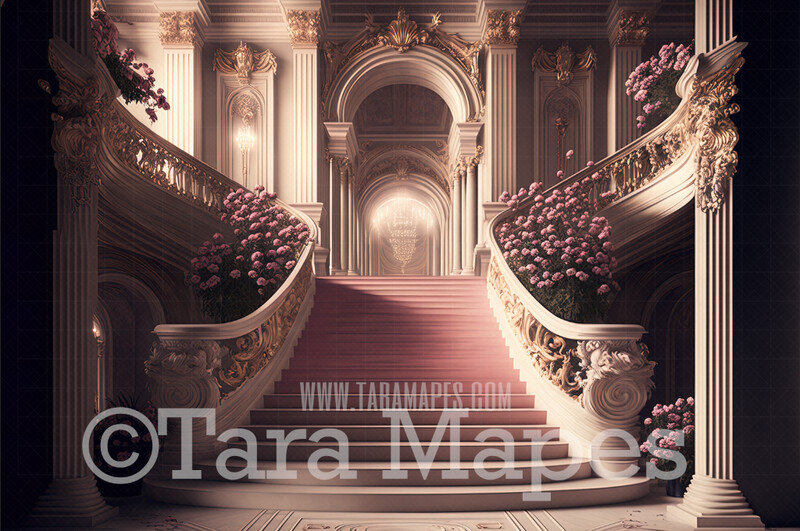 Palace Stairs Digital Backdrop - Ornate Castle Staircase - Flower Stairs -  Floral Stairs - Fairytale Valentine Wedding Digital Background JPG