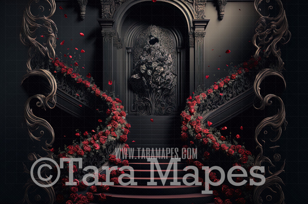 Black and Gold Palace Stairs Digital Backdrop - Ornate Castle Staircase - Flower Stairs -  Floral Stairs - Fairytale Valentine Wedding Digital Background JPG