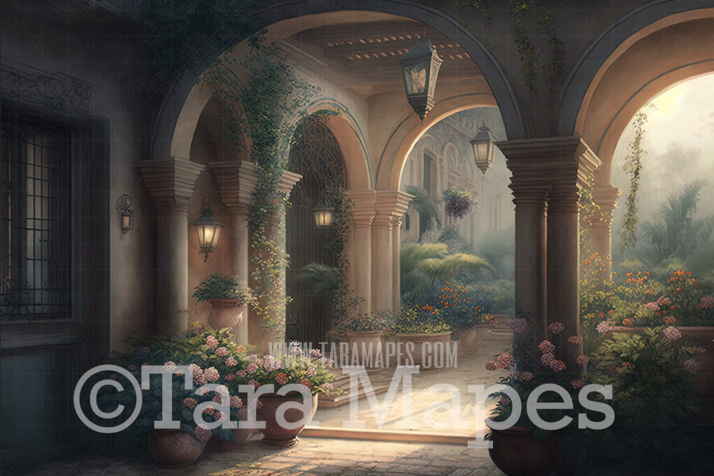 Garden of Eden Digital Backdrop  - Hazy Garden Patio with Sunlight - Fantasy Garden Digital Background JPG