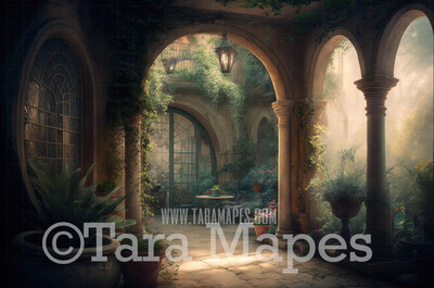 Garden of Eden Digital Backdrop  - Hazy Garden Patio with Sunlight - Fantasy Garden Digital Background JPG