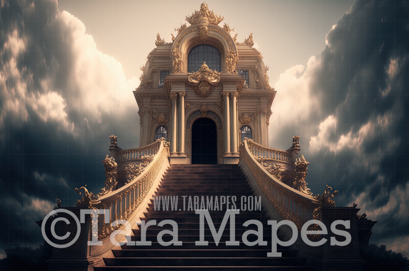 Fantasy Palace Stairs Digital Backdrop - Ornate Castle Staircase in Clouds - Flower Stairs - Floral Stairs - Stairway to Heaven - Fairytale Valentine Wedding Digital Background JPG