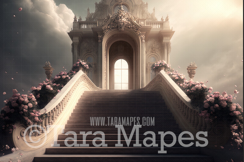 Fantasy Palace Stairs Digital Backdrop - Ornate Castle Staircase in Clouds - Flower Stairs -  Floral Stairs - Stairway to Heaven - Fairytale Valentine Wedding Digital Background JPG