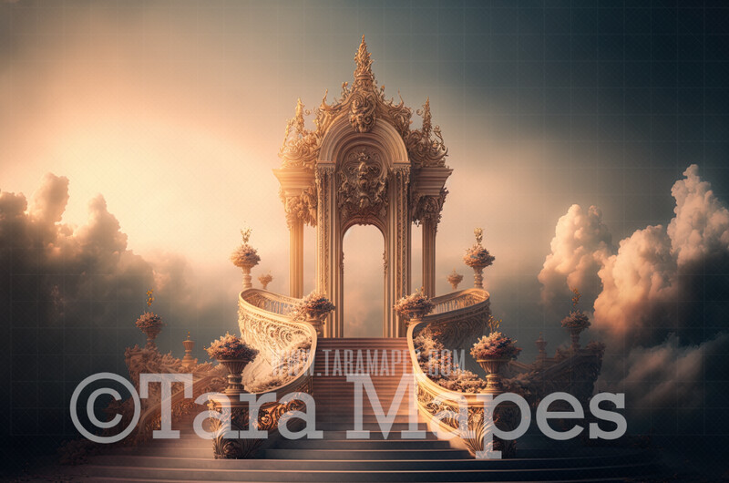 Fantasy Palace Stairs Digital Backdrop - Ornate Castle Staircase in Clouds - Flower Stairs -  Floral Stairs - Stairway to Heaven - Fairytale Valentine Wedding Digital Background JPG