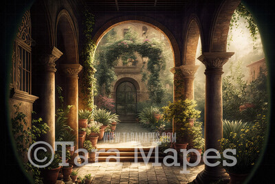 Garden of Eden Digital Backdrop  - Hazy Garden Patio with Sunlight - Fantasy Garden Digital Background JPG