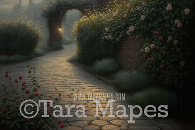 Garden of Eden Digital Backdrop  - Hazy Garden Cobblestone Path  - Fantasy Garden Digital Background JPG