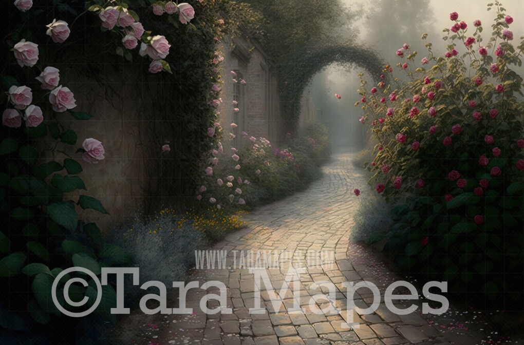 Garden of Eden Digital Backdrop - Hazy Garden Cobblestone Path - Fantasy Garden Digital Background JPG