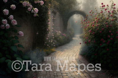 Garden of Eden Digital Backdrop  - Hazy Garden Cobblestone Path  - Fantasy Garden Digital Background JPG