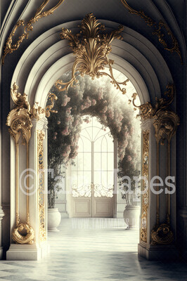 Ornate Archway Digital Backdrop - Gold Vintage Room with Roses - Palace Entry with Flowers -  Digital Background JPG