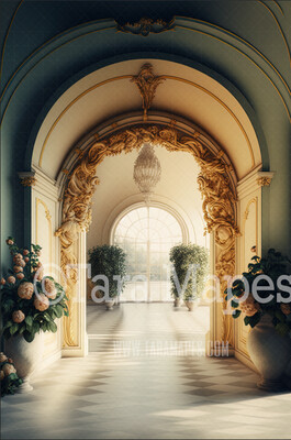 Ornate Archway Digital Backdrop - Vintage Room with Roses - Palace Entry with Flowers -  Digital Background JPG