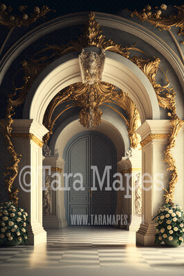 Ornate Archway Digital Backdrop - Gold Vintage Room with Roses - Palace Entry with Flowers -  Digital Background JPG