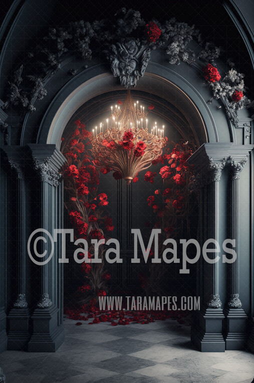 Ornate Archway Digital Backdrop - Black Palace Entry Arch and Pillars with Roses - Palace Entry with Flowers -  Digital Background JPG