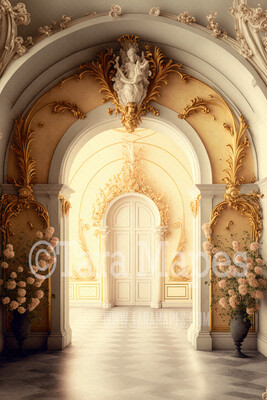 Ornate Archway Digital Backdrop - Gold Vintage Room with Roses - Palace Entry with Flowers -  Digital Background JPG
