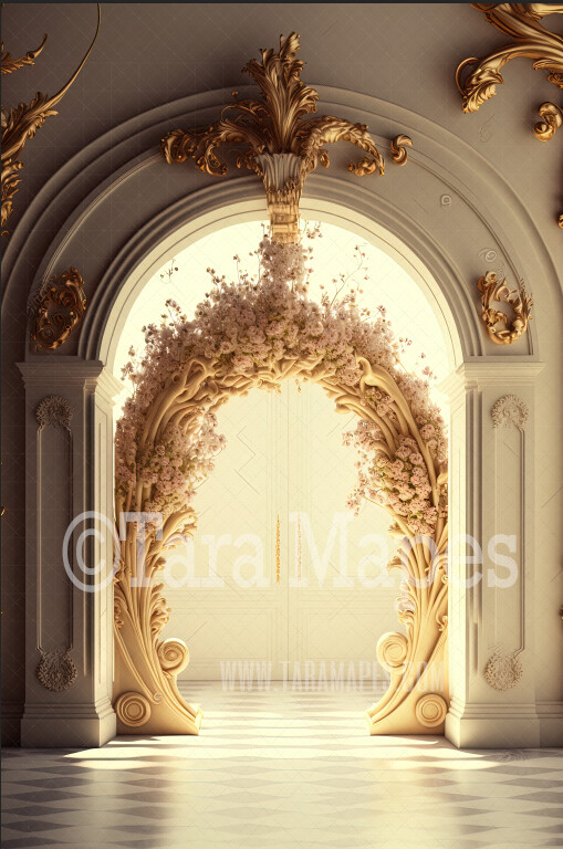 Ornate Archway Digital Backdrop - Vintage Room with Roses - Palace Entry  with Flowers - Digital Background JPG