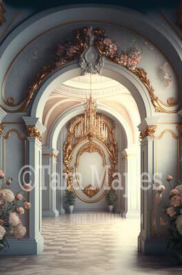 Ornate Archway Digital Backdrop - Gold Vintage Room with Roses - Palace Entry with Flowers -  Digital Background JPG