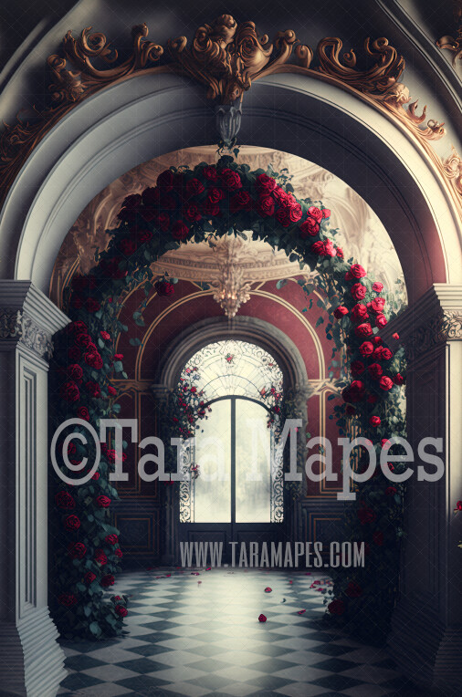 Ornate Archway Digital Backdrop - Gold Vintage Room with Roses - Palace Entry with Flowers -  Digital Background JPG