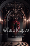 Ornate Archway Digital Backdrop - Black Palace Entry Arch and Pillars with Roses - Palace Entry with Flowers -  Digital Background JPG