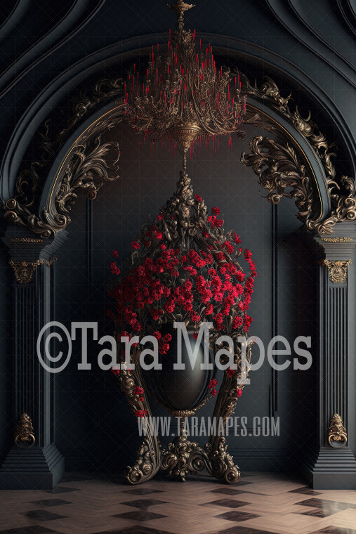 Ornate Archway Digital Backdrop - Black Palace Entry Arch and Pillars with Roses - Palace Arch Entry with Flowers -  Digital Background JPG