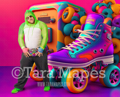 Neon 80s Digital Backdrop  -  Colorful 90s Retro Digital Background JPG - Roller Skates and Radio Rainbow Digital