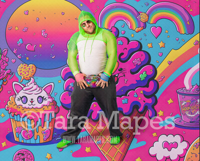 Neon 80s Digital Backdrop  -  Colorful 90s Retro Digital Background JPG - Ice cream and Cats Rainbow Digital Background
