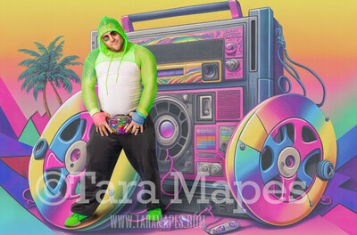 Neon 80s Digital Backdrop  -  Colorful 90s Retro Digital Background JPG - Rainbow Radio Headphones in Rainbow World Digital Background