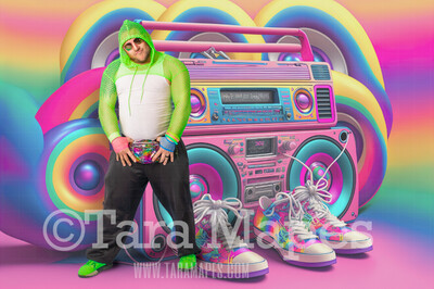 Neon 80s Digital Backdrop  -  Colorful 90s Retro Digital Background JPG - Vintage Radio Rainbow Digital