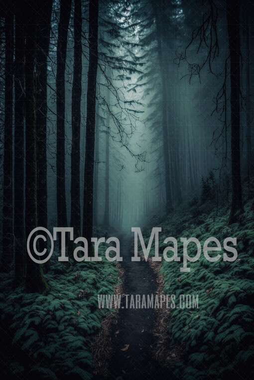 Misty Forest Digital Backdrop - Path in Misty Green Forest - Surreal Forest Trees Digital Background JPG