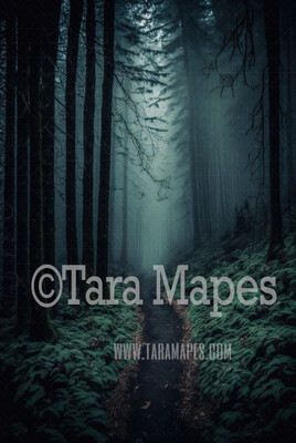 Misty Forest Digital Backdrop - Path in Misty Green Forest - Surreal Forest Trees Digital Background JPG