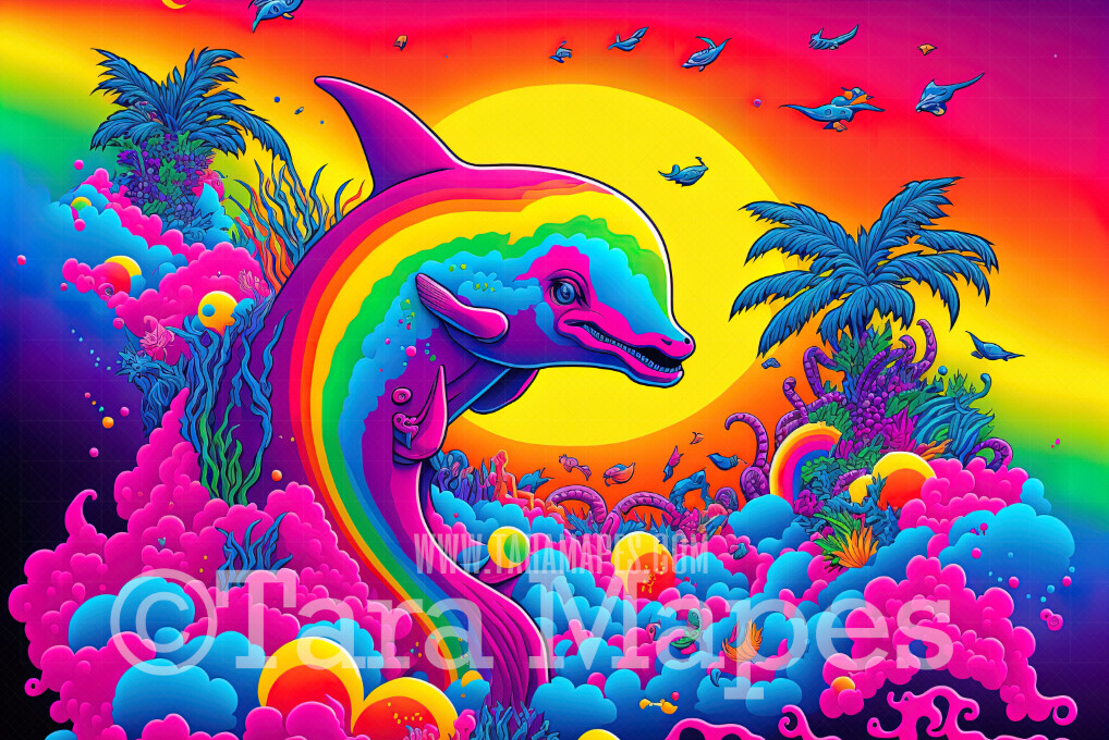 Neon 80s Digital Backdrop - Colorful 90s Retro Digital Background JPG - Rainbow Dolphin Digital