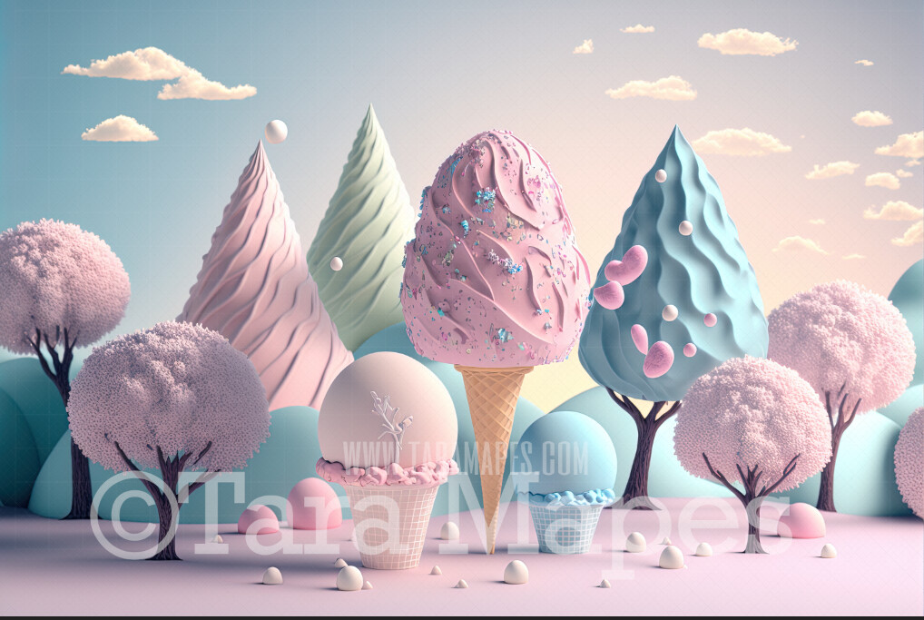 Pastel Easter Digital Backdrop - Whimsical Pastel Easter Land Digital Background JPG - Easter Egg Trees Made of Ice Cream -  Easter Digital