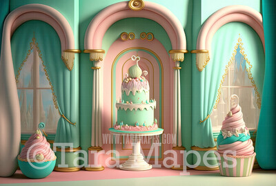Pastel Room Digital Backdrop - Whimsical Pastel Arch and Tiered Cake Digital Background - Pastel Room Digital Background