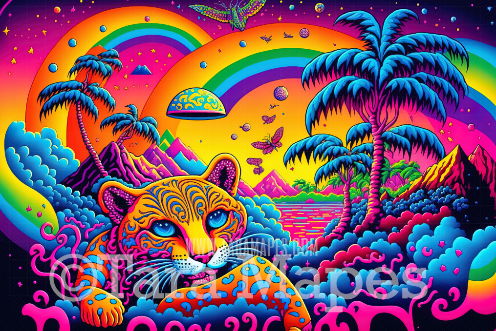 Neon 80s Digital Backdrop - Colorful 90s Retro Digital Background JPG - Rainbow Cheetah Palm Trees Digital