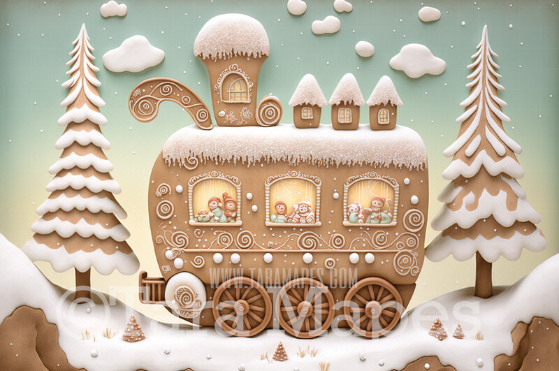 Gingerbread Train Digital Backdrop -Gingerbread Train - Pastel Christmas Digital Background