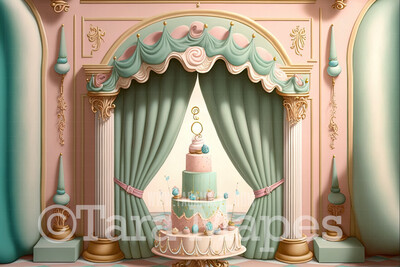Pastel Room Digital Backdrop - Whimsical Pastel Arch and Tiered Cake Digital Background - Pastel Room Digital Background