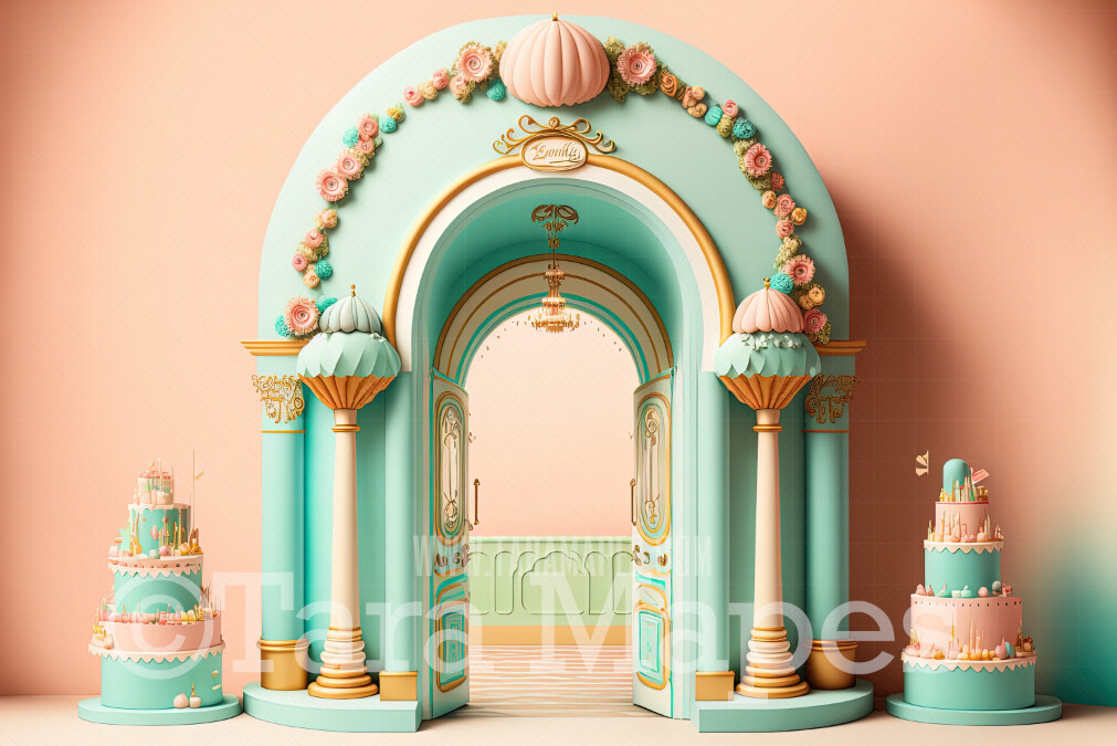 Pastel Room Digital Backdrop - Whimsical Pastel Arch and Tiered Cake Digital Background - Pastel Room Digital Background