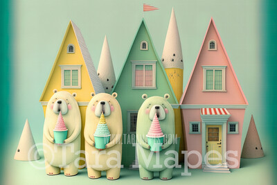 Pastel Bear Town Digital Backdrop - Whimsical Pastel Bears Digital Background - Pastel Polar Bear Digital Background