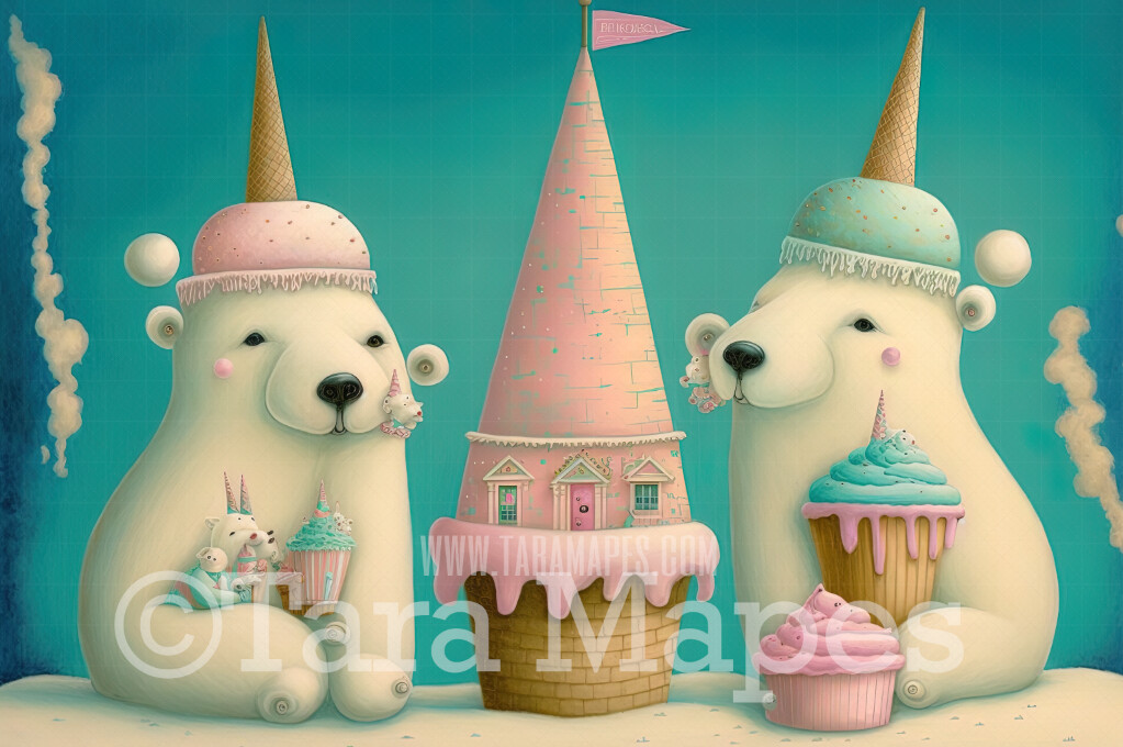 Pastel Polar Bear Digital Backdrop - Whimsical Pastel Bears  with Ice Cream Cones Digital Background - Pastel Polar Bear Digital Background