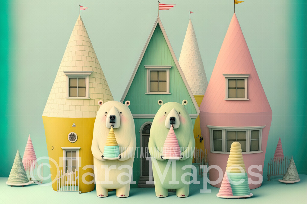 Pastel Bear Town Digital Backdrop - Whimsical Pastel Bears Digital Background - Pastel Polar Bear Digital Background