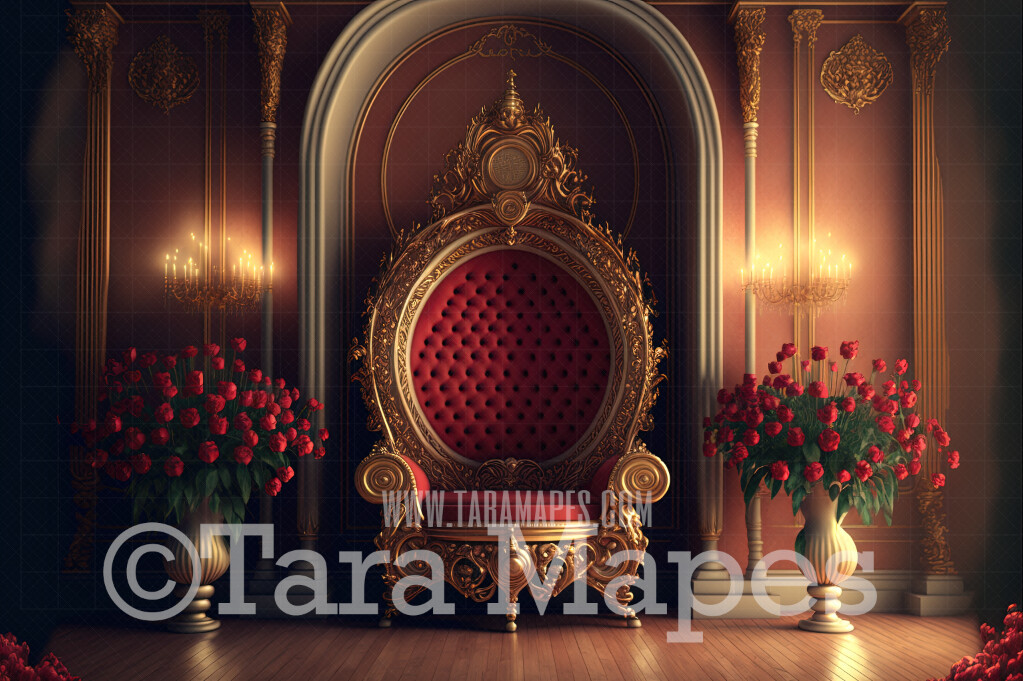 Ornate Gold and Red Throne Digital Backdrop - Vintage Room with Roses - Victorian Room with Luxury Throne Flowers -  Digital Background JPG