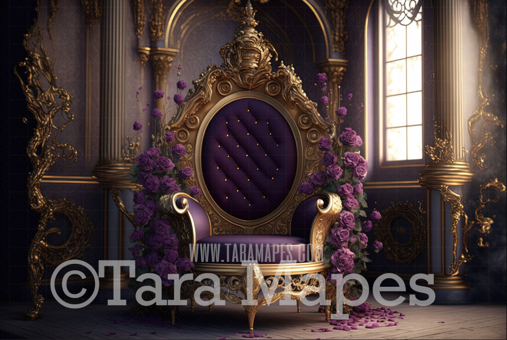 Ornate Purple Throne Digital Backdrop - Plum Throne in Victorian Room - Luxury Throne with Flowers -  Digital Background JPG