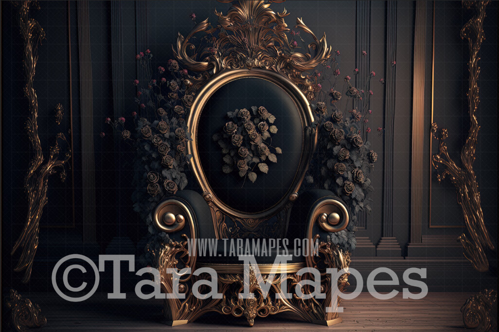 Ornate Gold and Black Throne Digital Backdrop - Vintage Room with Black Roses - Gothic Victorian Room with Luxury Throne Flowers -  Digital Background JPG