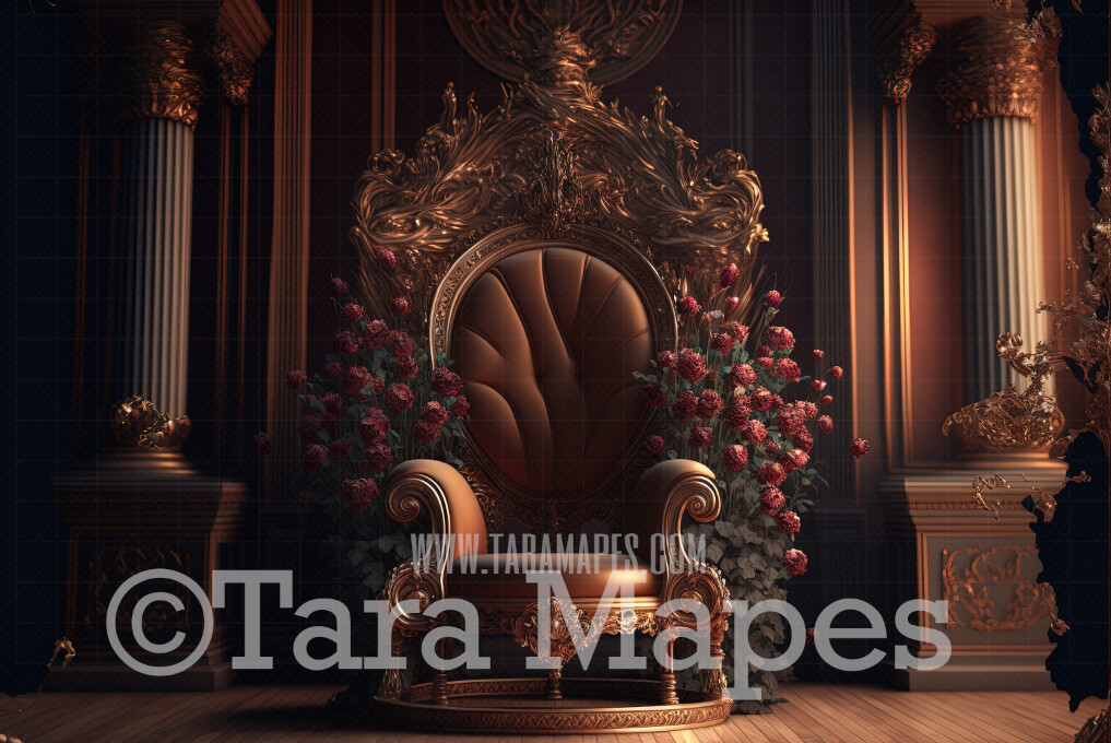 Ornate Gold  Throne Digital Backdrop - Vintage Room with Roses - Gothic Victorian Room with Luxury Throne Flowers -  Digital Background JPG