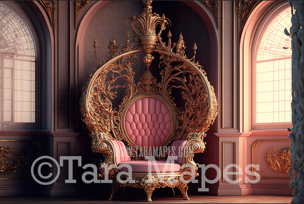 Ornate Pink and Gold Throne Digital Backdrop - Pink Throne in Victorian Room - Luxury Throne - Digital Background JPG