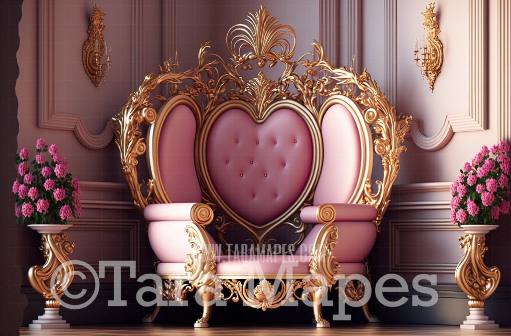 Ornate Pink Heart Shaped Throne Digital Backdrop - Pink Heart Throne in Victorian Room - Luxury Throne -  Digital Background JPG