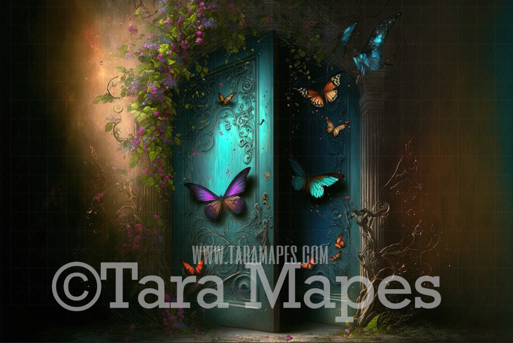 Magic Door Digital Backdrop - Glowing Door with Butterflies and Flowers - Butterfly Door Digital Background JPG