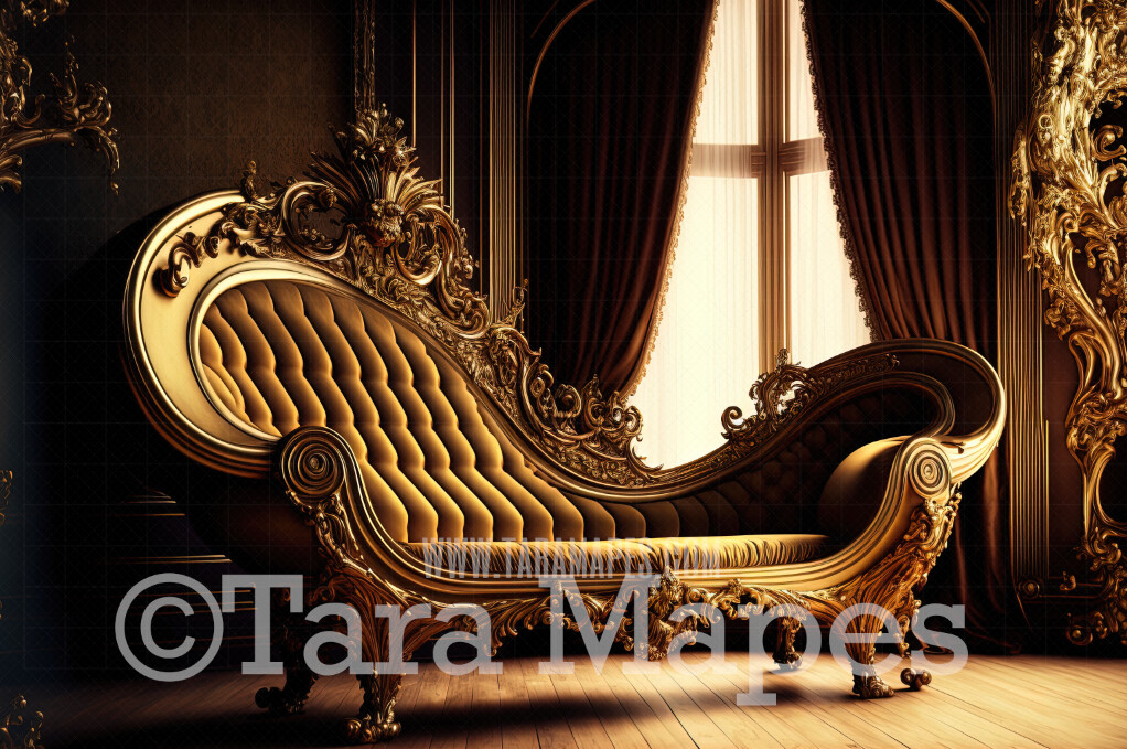 Ornate Gold Chaise Lounge Digital Backdrop - Vintage Room with Couch- Victorian Room with Luxury Loveseat -  Digital Background JPG