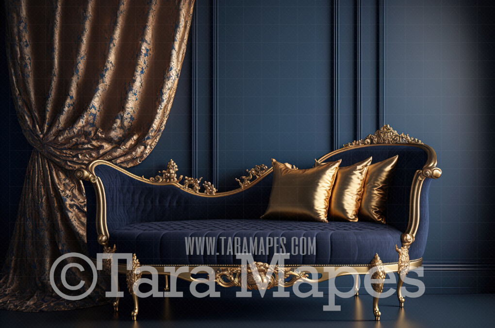 Ornate Gold and Navy Chaise Lounge Digital Backdrop - Vintage Room with Couch- Victorian Room with Luxury Loveseat -  Digital Background JPG
