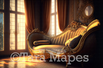Ornate Gold Chaise Lounge Digital Backdrop - Vintage Room with Couch- Victorian Room with Luxury Loveseat -  Digital Background JPG