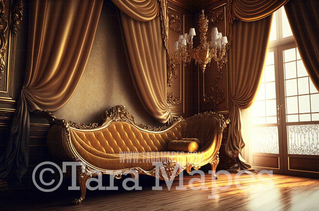 Ornate Gold Chaise Lounge Digital Backdrop - Vintage Room with Couch- Victorian Room with Luxury Loveseat - Digital Background JPG